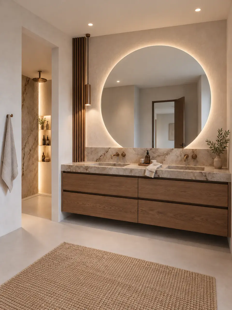 Badkamer met wastafelmeubel en rustige, donkere afwerking