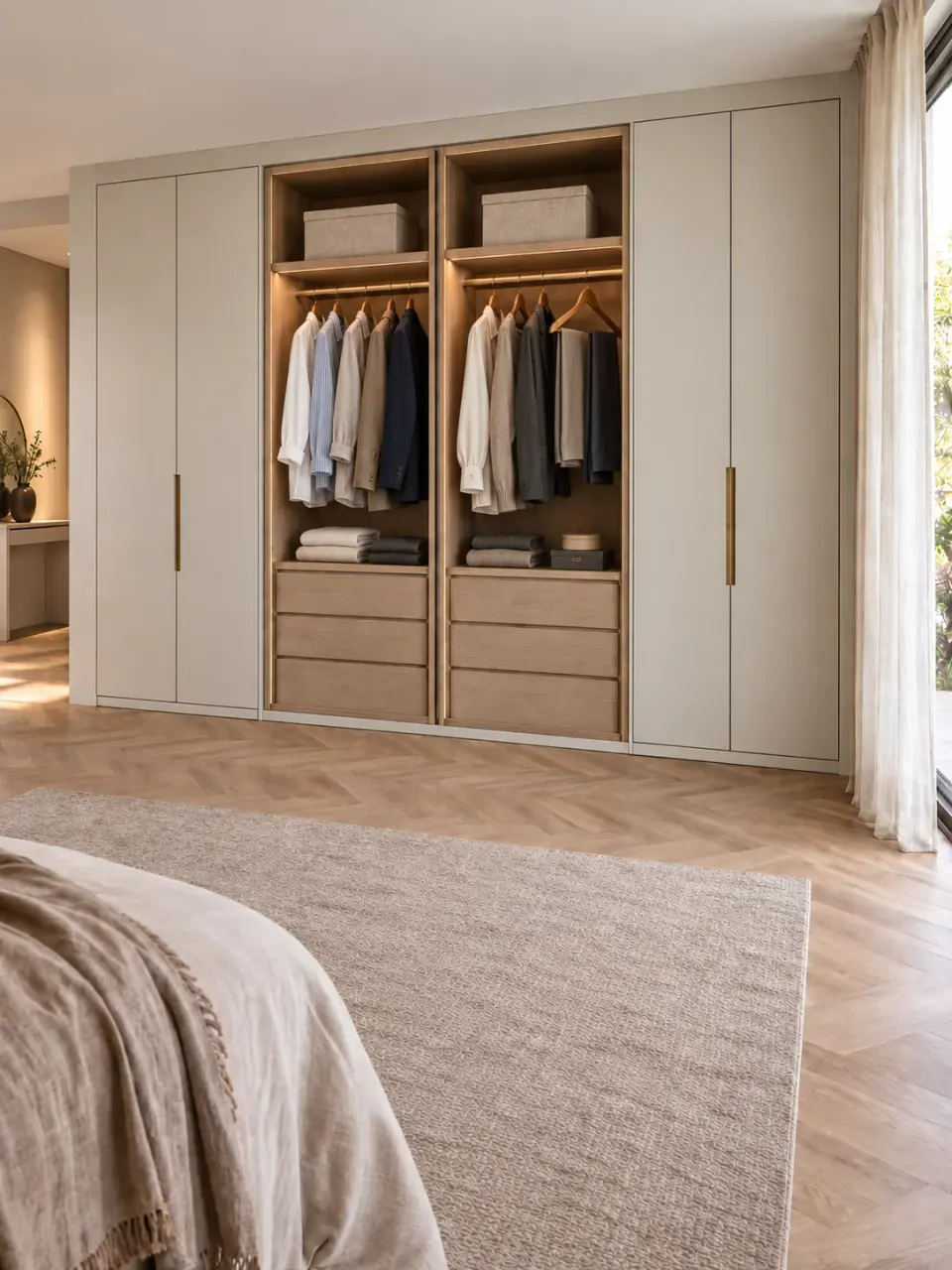 Woonkamer met ingebouwde kastenwand en open vakken